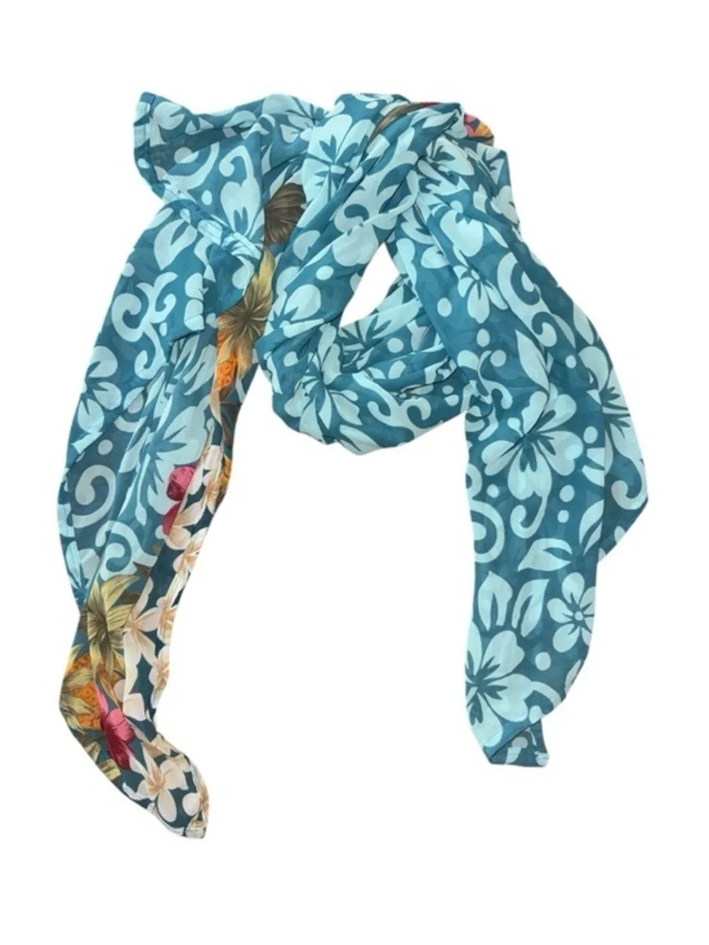 Blue Floral Border Sarong Wrap Hawaiian Tropical Sheer Resort-wear Beach Scarf